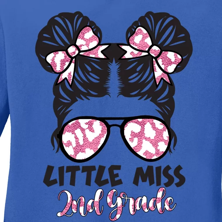 Leopard Little Miss 2Nd Second Grade Messy Bun Hair Tie Bow Gift Ladies Long Sleeve Shirt