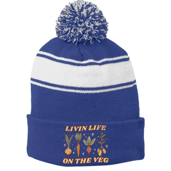 Living Life On The Veg Funny Vegan Pun Vintage Garden Gift Stripe Pom Pom Beanie