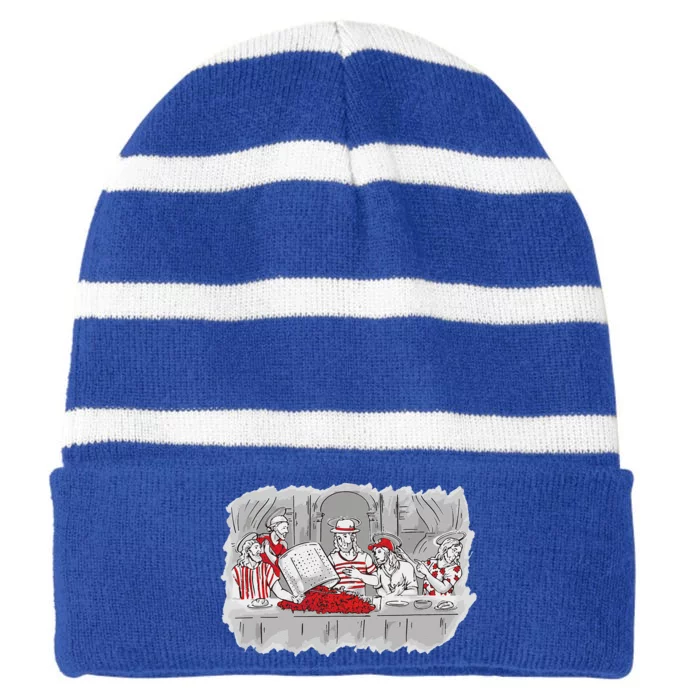 Louisiana Last Supper Funny Crawfish Boil Jesus Cajun Joke Striped Beanie with Solid Band