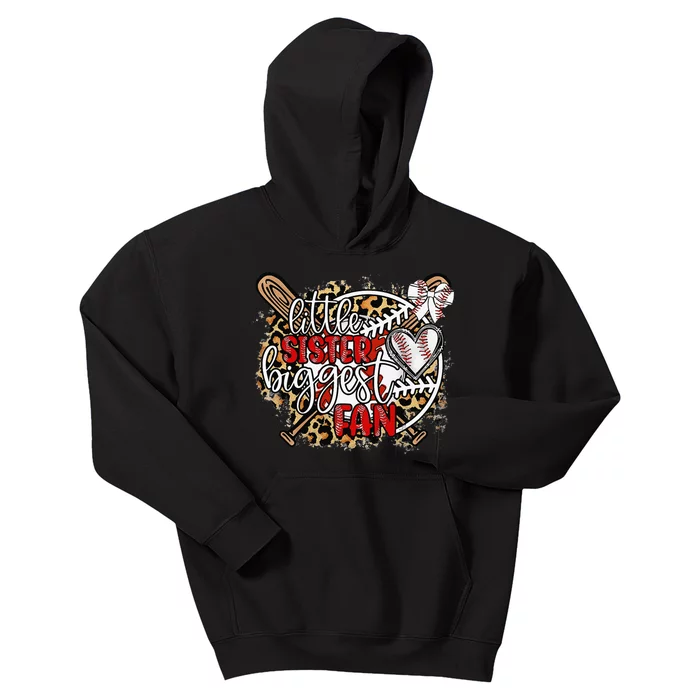 Leopard Little Sister Biggest Fan Funny Baseball Sister Kids Hoodie