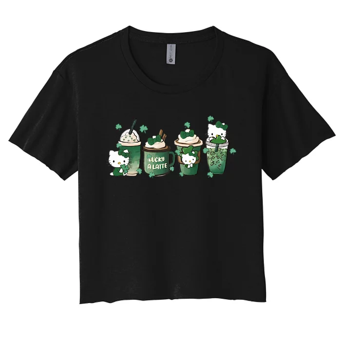 Lucky Latte St Patrick's Day Shamrock Kitty Lucky Latte Women's Crop Top Tee