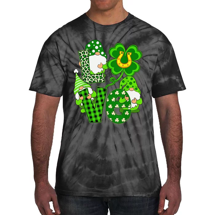 Leopard Love Three Gnomes Lucky Shamrock St Patrick's Day Tie-Dye T-Shirt