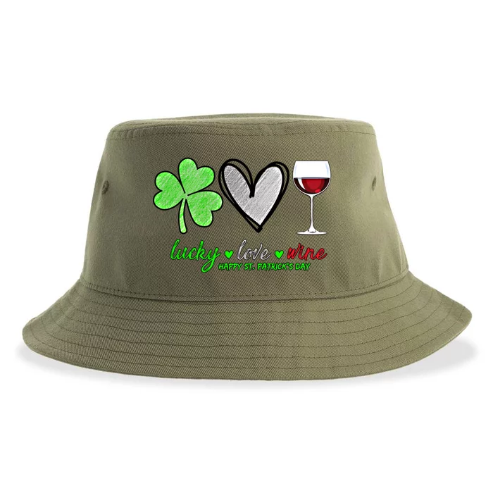 Lucky Love Wine Shamrock Happy St Patrick's Day Funny Gift Sustainable Bucket Hat