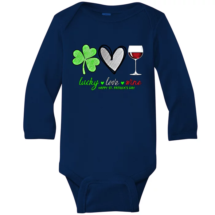 Lucky Love Wine Shamrock Happy St Patrick's Day Funny Gift Baby Long Sleeve Bodysuit