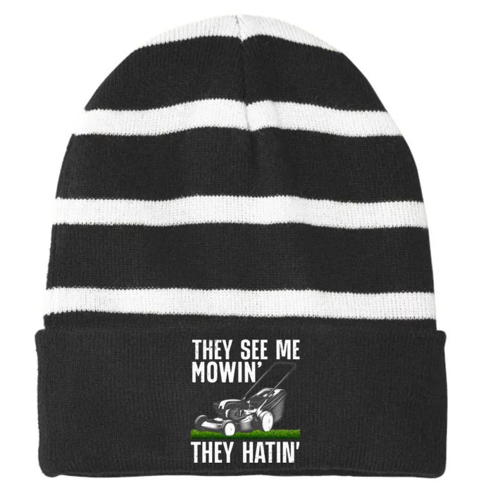 Lawn Mowing Art For Women Lawn Mower Gardener Striped Beanie with Solid Band