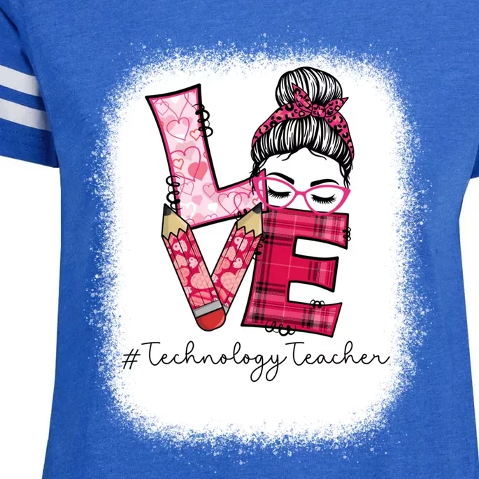 Love Messy Bun Technology Teacher Squad Valentines Day Cool Gift Enza Ladies Jersey Football T-Shirt