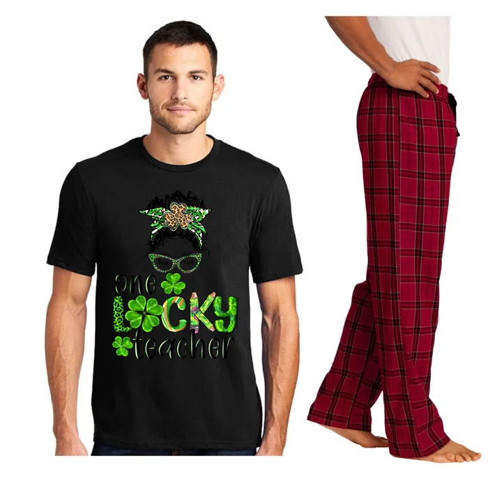 Love Messy Bun One Lucky Teacher St Patrick's Day School Gift Pajama Set