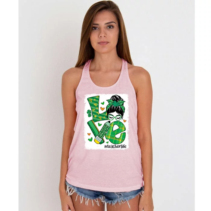 Love Messy Bun Teacher Saint Patricks Day Lucky Teacher Gift Women's Knotted Racerback Tank