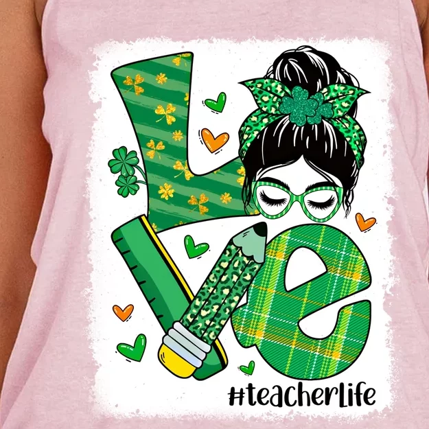 Love Messy Bun Teacher Saint Patricks Day Lucky Teacher Gift Women's Knotted Racerback Tank