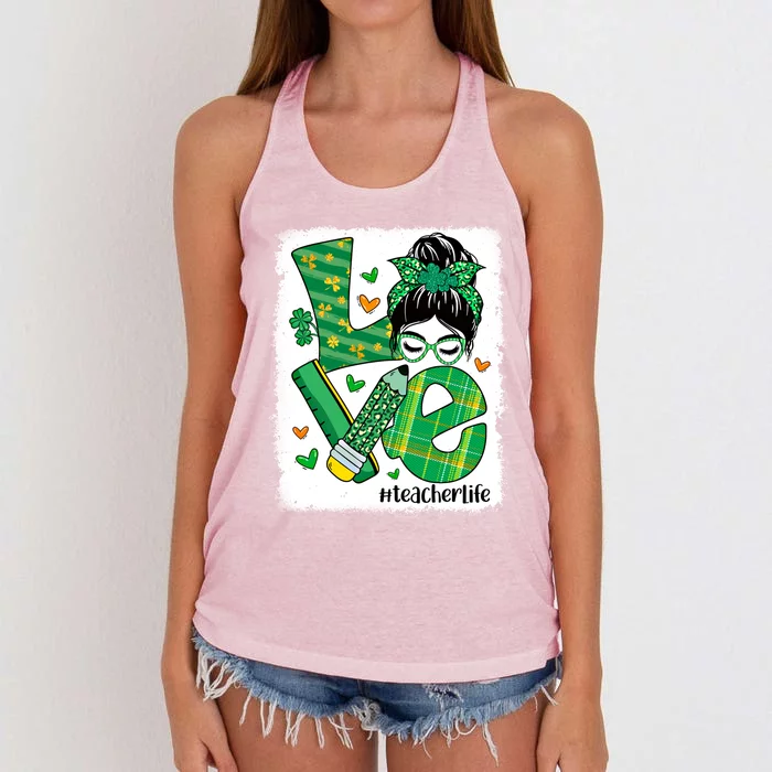 Love Messy Bun Teacher Saint Patricks Day Lucky Teacher Gift Women's Knotted Racerback Tank