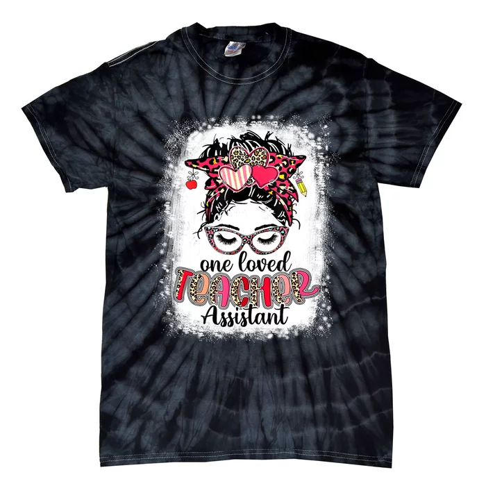 Leopard Messy Bun One Loved Teacher Assistant Valentines Day Tie-Dye T-Shirt