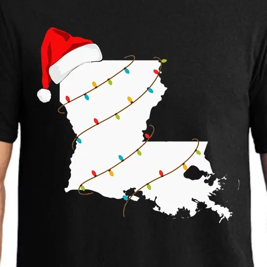 Louisiana Map Christmas With Santa Hat Xmas Lights Pajama Set