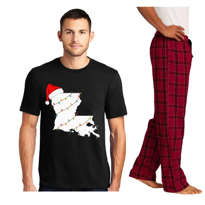 Louisiana Map Christmas With Santa Hat Xmas Lights Pajama Set