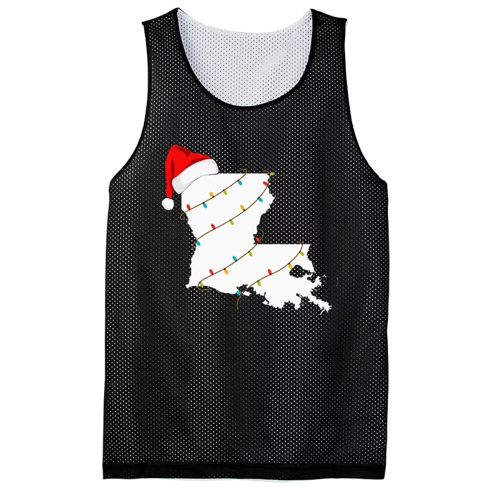 Louisiana Map Christmas With Santa Hat Xmas Lights Mesh Reversible Basketball Jersey Tank