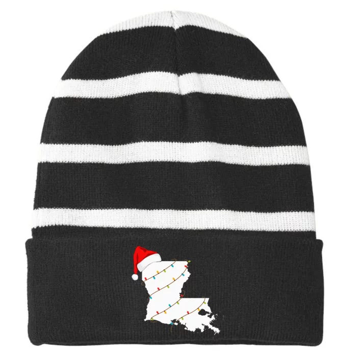 Louisiana Map Christmas With Santa Hat Xmas Lights Striped Beanie with Solid Band