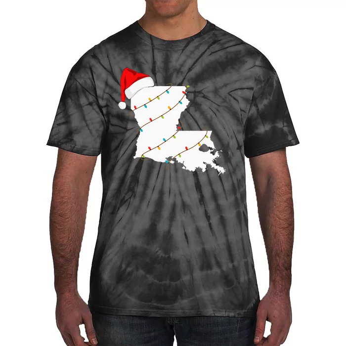 Louisiana Map Christmas With Santa Hat Xmas Lights Tie-Dye T-Shirt