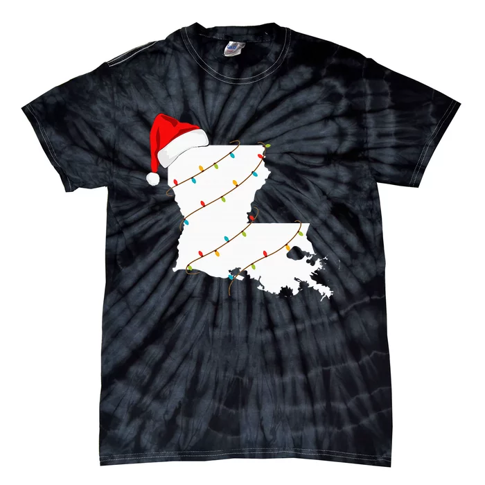 Louisiana Map Christmas With Santa Hat Xmas Lights Tie-Dye T-Shirt