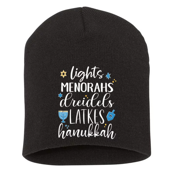 Lights Menorahs Dreidels Latkes Hanukkah Jewish Short Acrylic Beanie