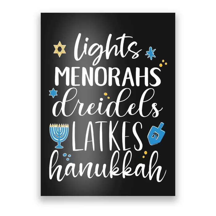 Lights Menorahs Dreidels Latkes Hanukkah Jewish Poster