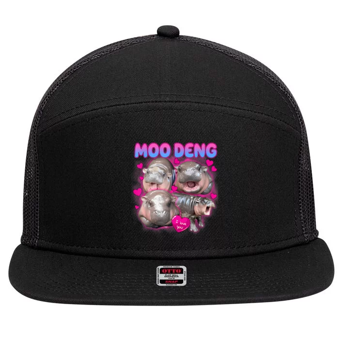 Love Moo Deng Funny Cute Hippo Meme 7 Panel Mesh Trucker Snapback Hat