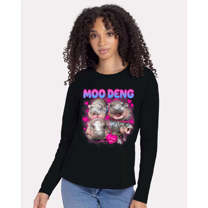 Love Moo Deng Funny Cute Hippo Meme Womens Cotton Relaxed Long Sleeve T-Shirt