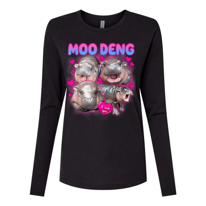 Love Moo Deng Funny Cute Hippo Meme Womens Cotton Relaxed Long Sleeve T-Shirt