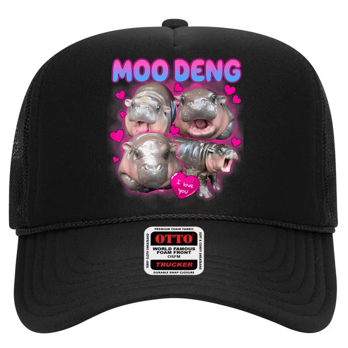 Love Moo Deng Funny Cute Hippo Meme High Crown Mesh Trucker Hat