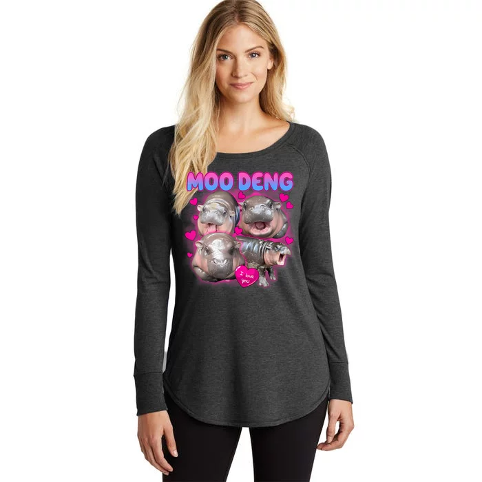 Love Moo Deng Funny Cute Hippo Meme Women's Perfect Tri Tunic Long Sleeve Shirt