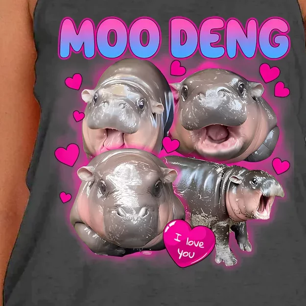 Love Moo Deng Funny Cute Hippo Meme Women's Knotted Racerback Tank