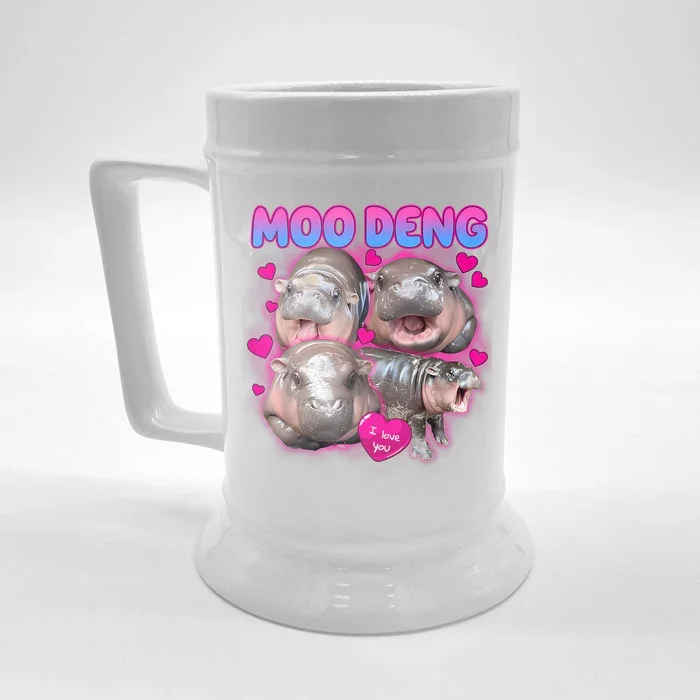 Love Moo Deng Funny Cute Hippo Meme Front & Back Beer Stein