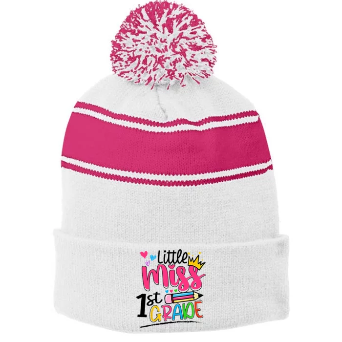 Little Miss First Grade Shirts Back To School 1st Grader Kids Stripe Pom Pom Beanie