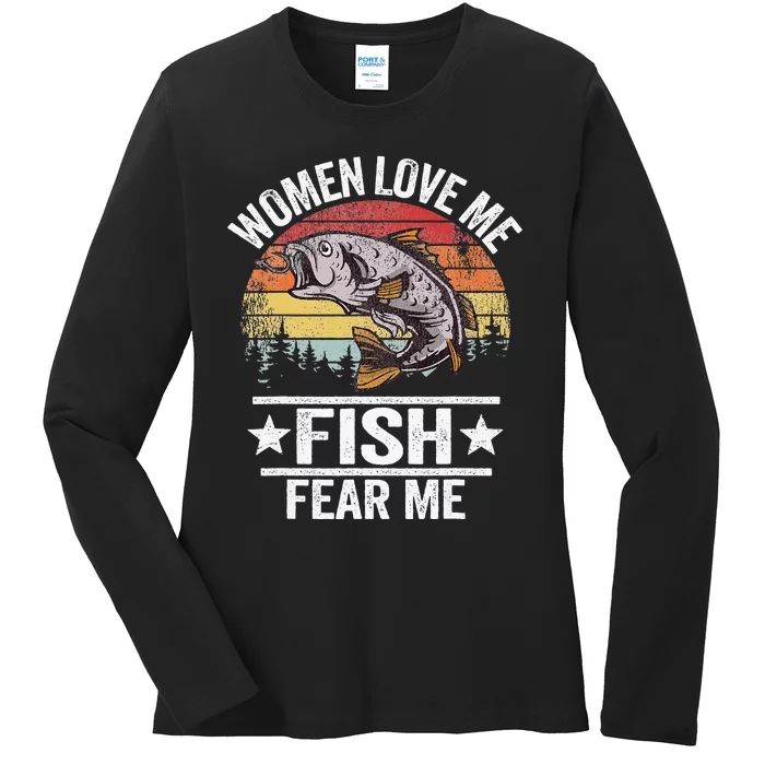 Love Me Fish Fear Me Fisher Vintage Funny Fishing Ladies Long Sleeve Shirt