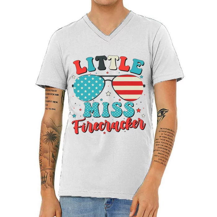 Little Miss Firecracker 4th Of July V-Neck T-Shirt