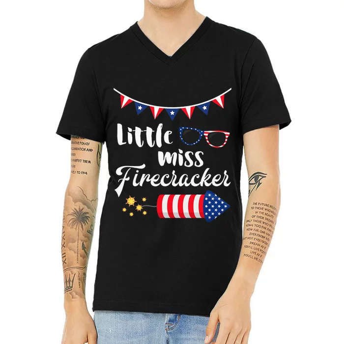 Little Miss Firecracker 4th Of July V-Neck T-Shirt