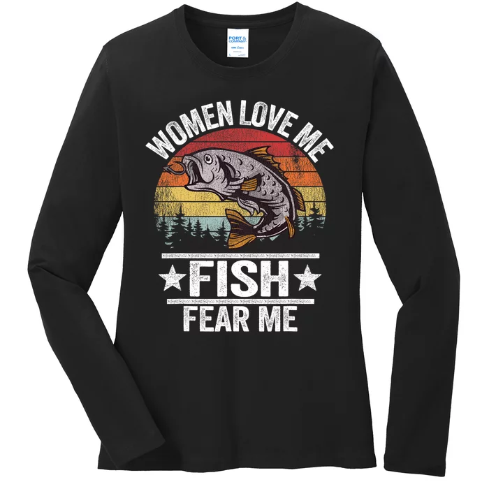 Love Me Fish Fear Me Fisher Vintage Ladies Long Sleeve Shirt