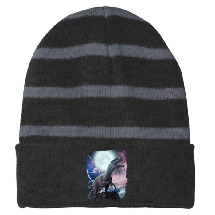 Lightning Moon Galaxy Trex Dinosaur Striped Beanie with Solid Band