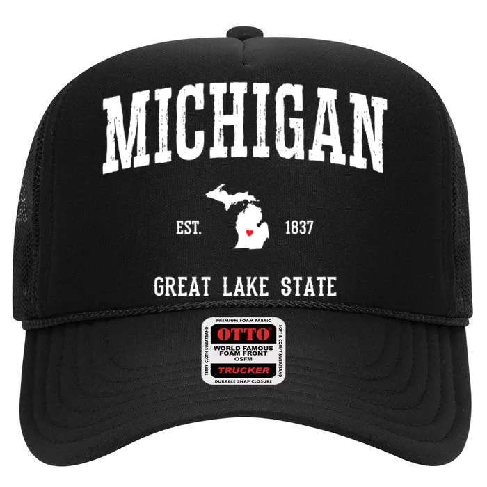 Love Michigan Great Lake State MI Est 1837 Home High Crown Mesh Trucker Hat