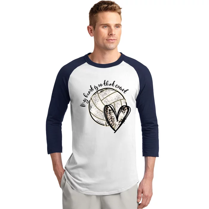 Leopard My Heart Is On That Field Volleyball Game Day Vibes Funny Gift Baseball Sleeve Shirt