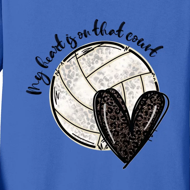 Leopard My Heart Is On That Field Volleyball Heart Game Day Gift Kids Long Sleeve Shirt