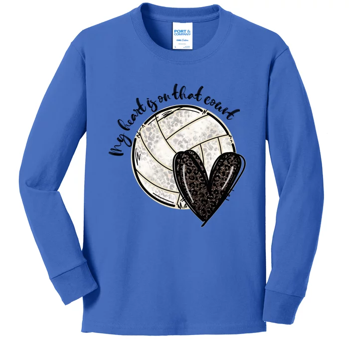 Leopard My Heart Is On That Field Volleyball Heart Game Day Gift Kids Long Sleeve Shirt