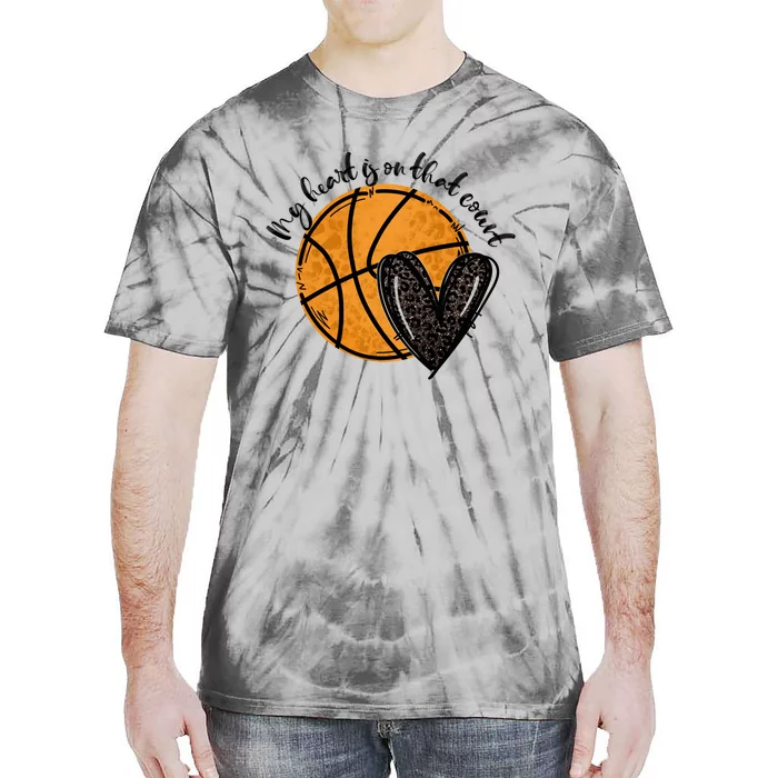 Leopard My Heart Is On That Court Basketball Heart Game Day Gift Tie-Dye T-Shirt