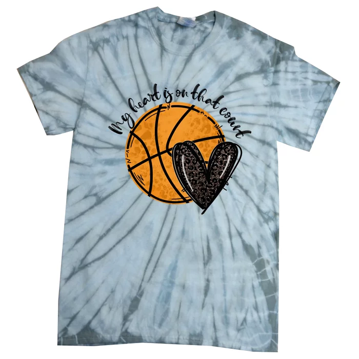 Leopard My Heart Is On That Court Basketball Heart Game Day Gift Tie-Dye T-Shirt