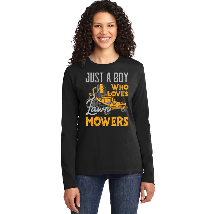 Lawn Mowing Just A Boy Who Loves Mowers Gardener Ladies Long Sleeve Shirt