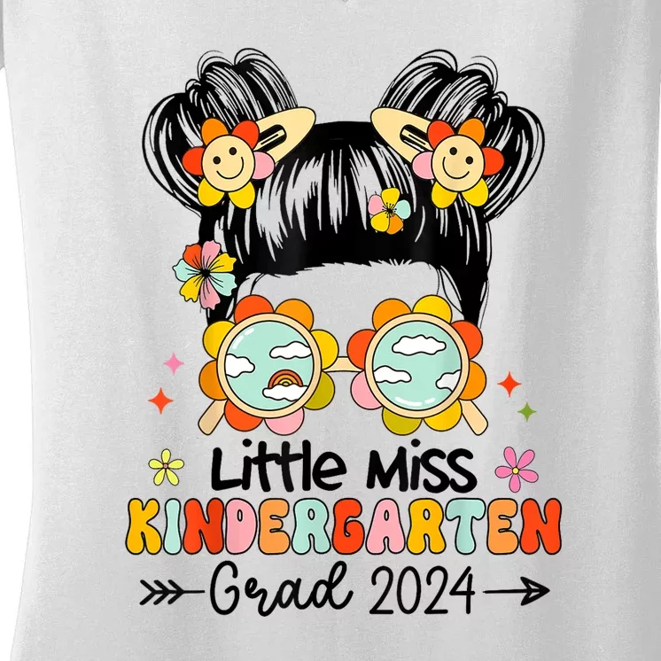 Little Miss Kindergarten Grad Graduation 2024 Messy Bun Gift Women's V-Neck T-Shirt