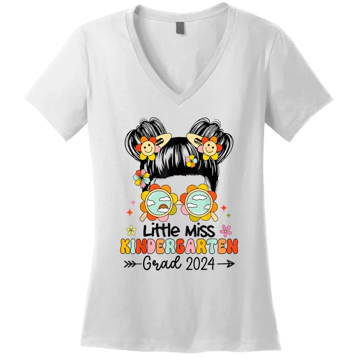 Little Miss Kindergarten Grad Graduation 2024 Messy Bun Gift Women's V-Neck T-Shirt