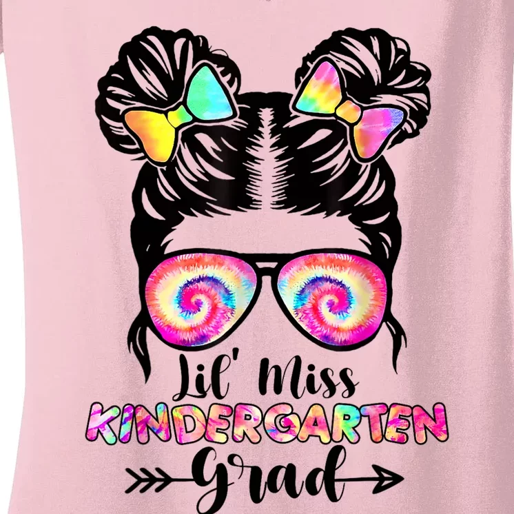 Lil Miss Kindergarten Grad Graduation Messy Bun Women's V-Neck T-Shirt