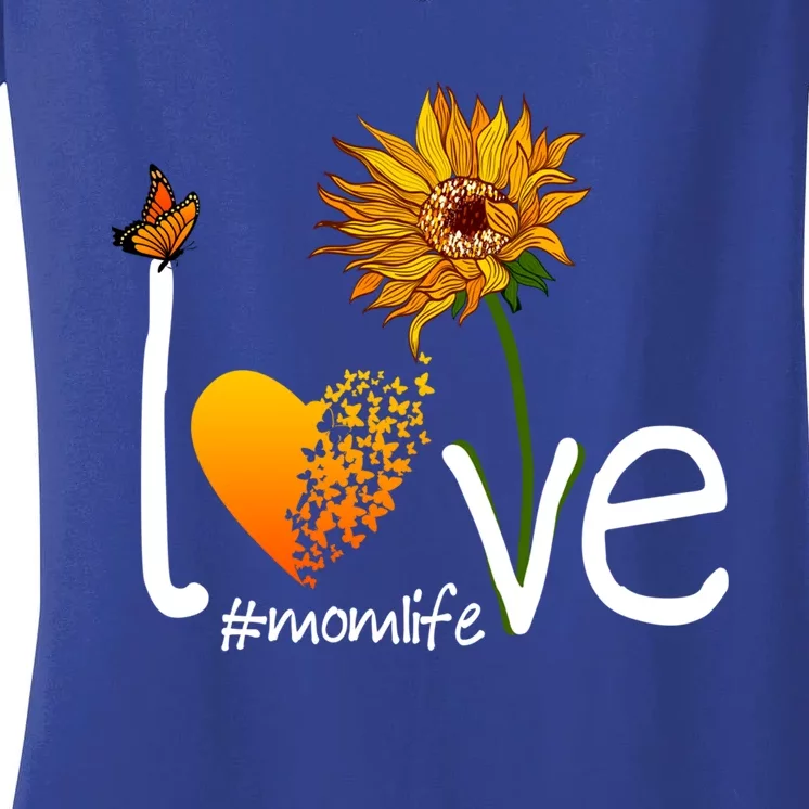 Love Mom Life Mothers Day Funny Gift Butterfly Sunflower Graphic Funny Gift Women's V-Neck T-Shirt