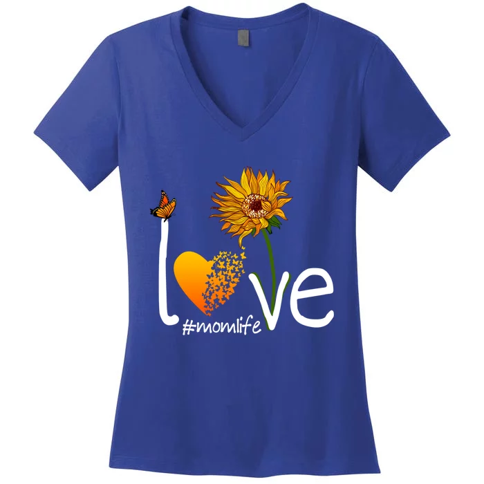 Love Mom Life Mothers Day Funny Gift Butterfly Sunflower Graphic Funny Gift Women's V-Neck T-Shirt