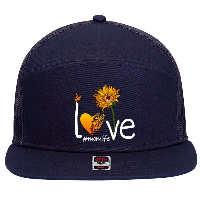 Love Mom Life Mothers Day Funny Gift Butterfly Sunflower Graphic Funny Gift 7 Panel Mesh Trucker Snapback Hat