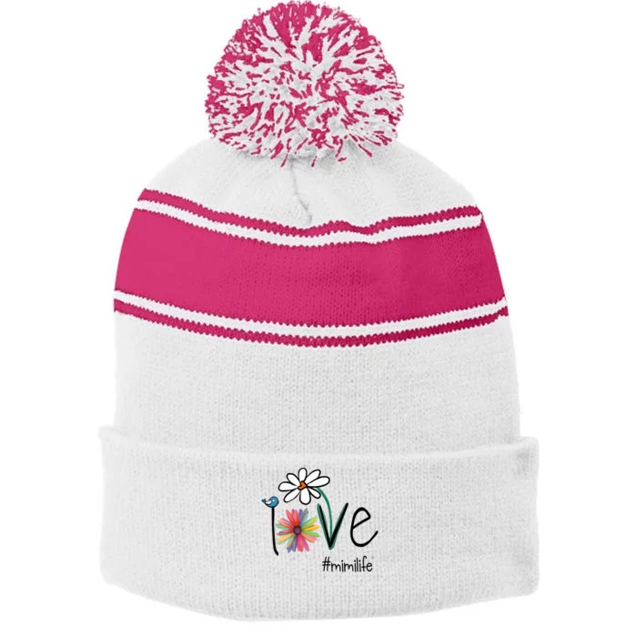 Love Mimi Life Art Flower Stripe Pom Pom Beanie